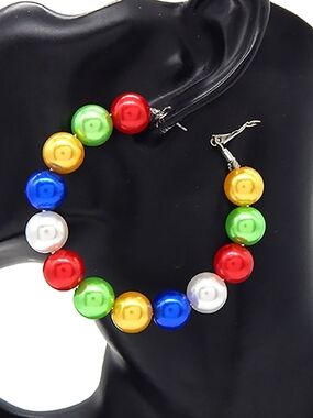 MultiColored Pearl Ball 2.75 Inches Round Hoop Earrings Womens Fashion Jewelry